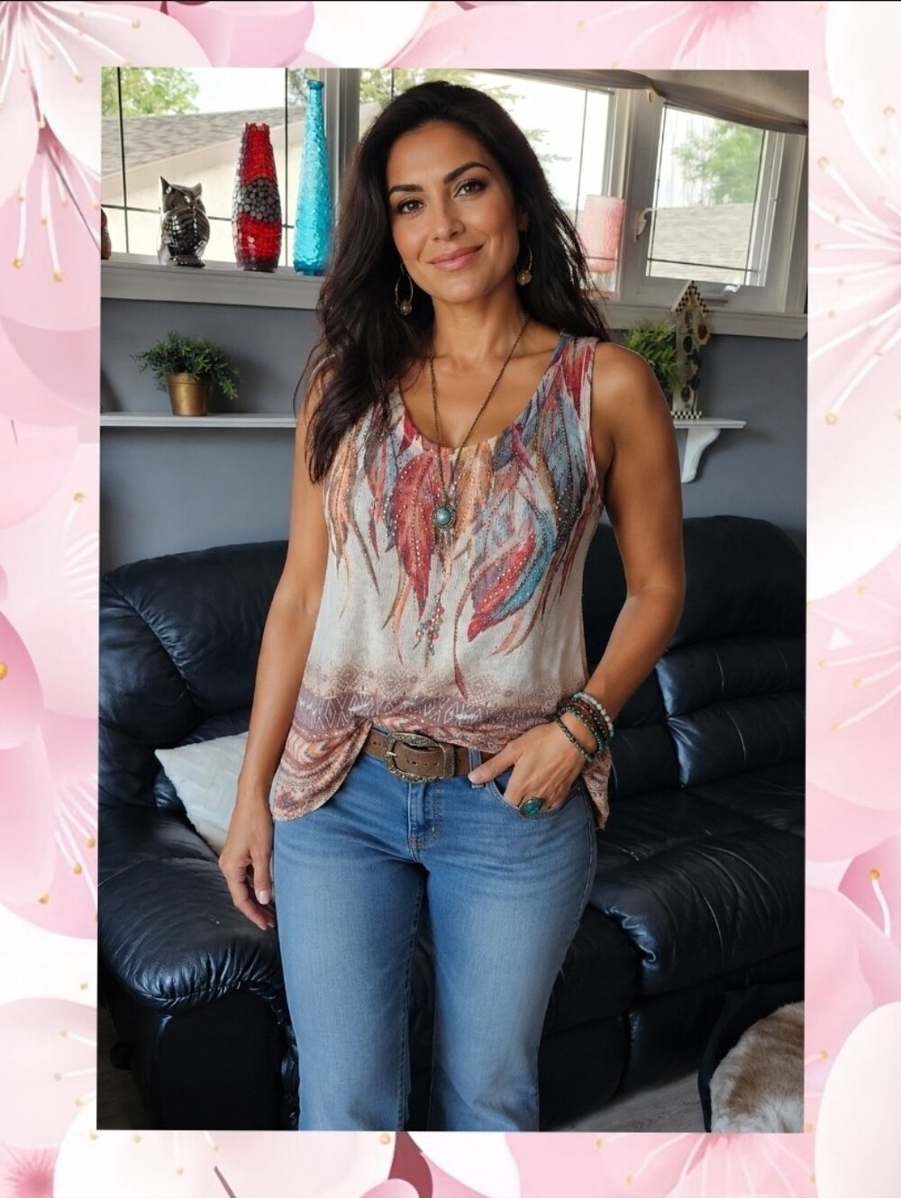 Vocal Voice of California Feather Rhinestone Lace Back Tank Top Cotton/Linen